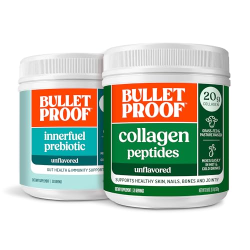 Kit antiproiettile Duo | Polvere proteica dei peptidi del collagene per pelle, ossa e giunti — proteina 18g, polvere di fibra prebiotica di 17.6 Oz & InnerFuel per il fegato, sollievo dal gas, salute digestiva e supporto immunitario