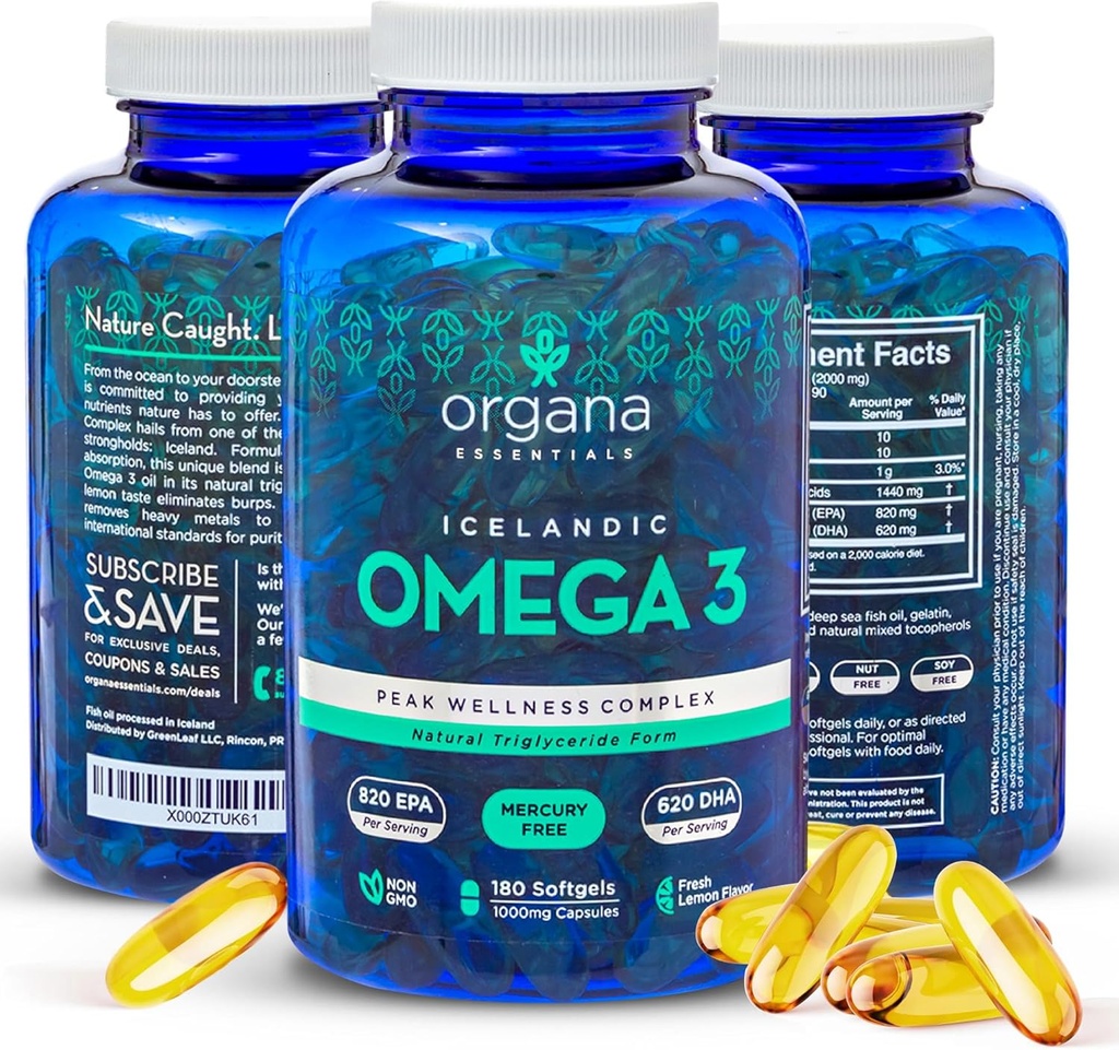 Omega 3 Fish Oil 2000 mg - Alta EPA 820 mg + DHA 620 mg - 180 tripla resistenza Burpless Lemon Flavored Softgels