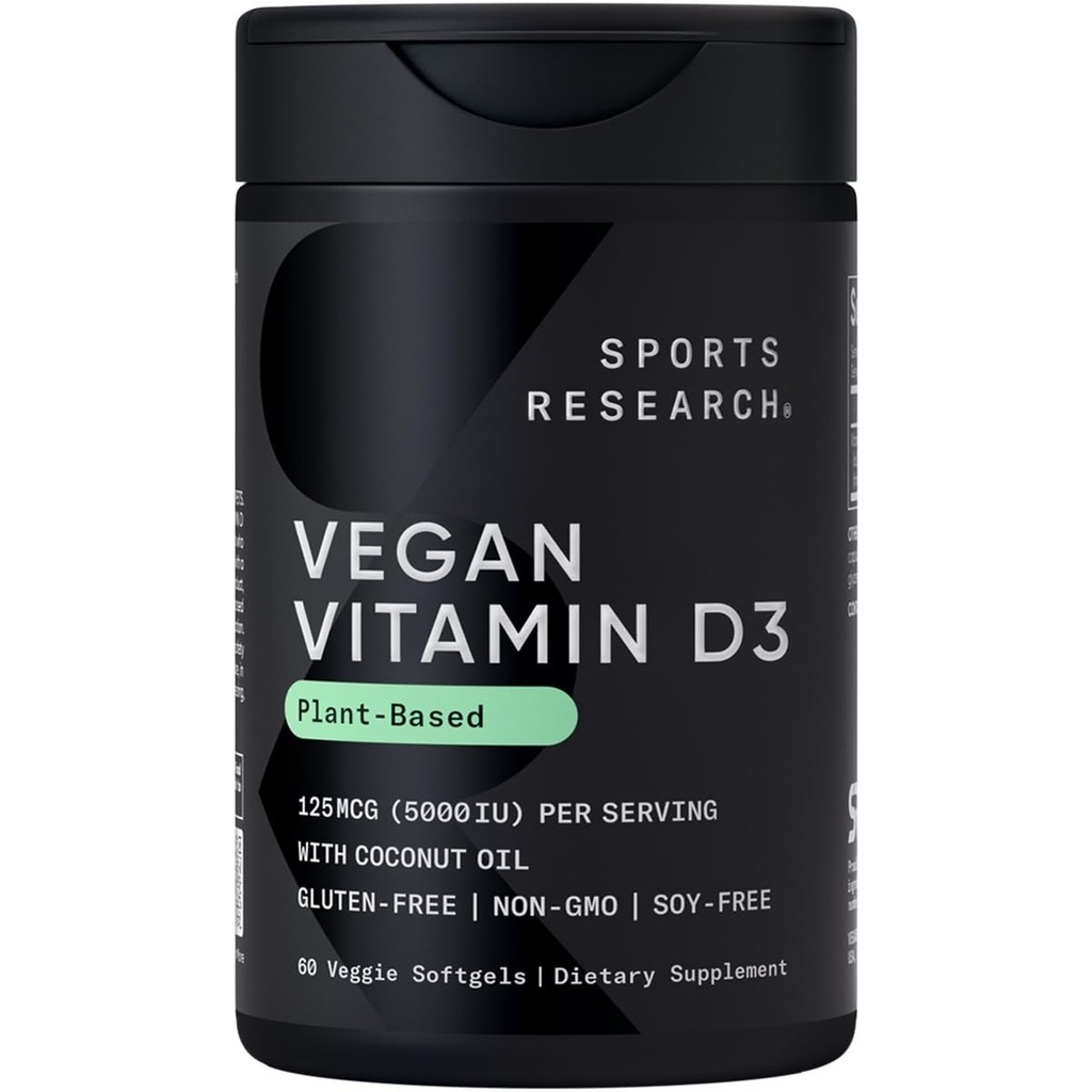 Ricerca sportiva Vegan Vitamina D3 5000IU (125 mcg) con olio di cocco | Vitamina D a base vegetale 100% per ossa, Joint & Immune Support | Carrageenan Free, Vegan Certified & Non-GMO Verified (60 Softgels)