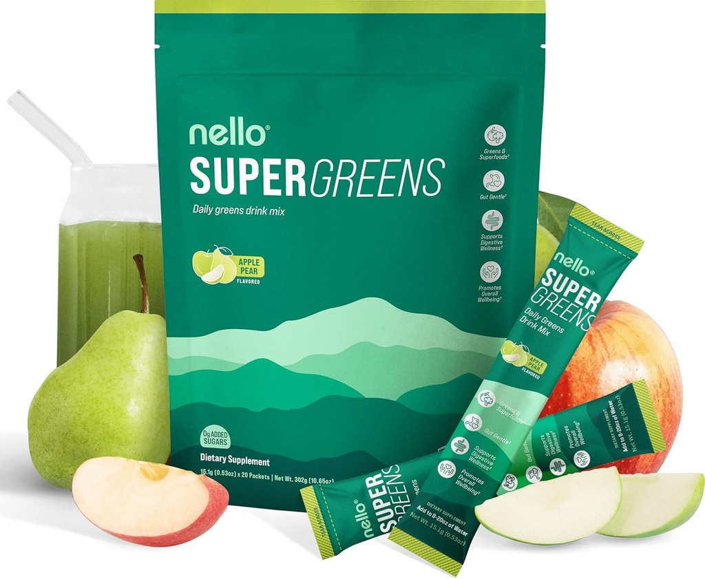 Nello Supergreens Superfood Drink Mix con clorella, Moringa, spinaci, broccoli, enzimi digestivi e probiotici – Apple Pear Flavor, 20 Serve, Travel Pack
