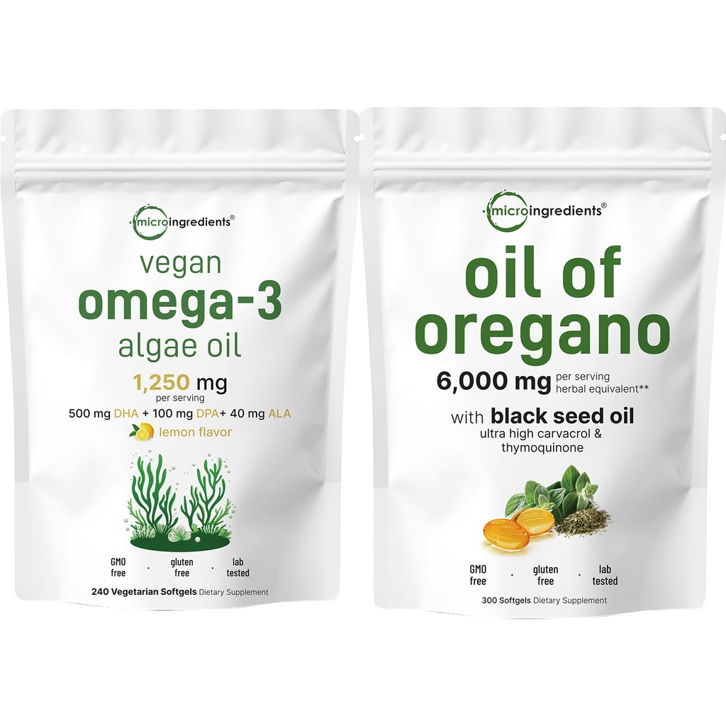 Micro Ingredienti Olio di Oregano Softgels 300 Conta & Vegan Omega 3 Algae Olio Supplemento Bundle 2 Confezione | Carvacrol & Thymoquinone | Spettro completo Omega-3 alternativa
