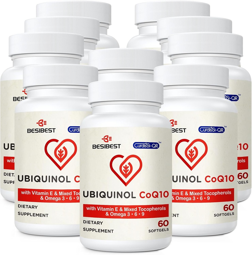 Ubiquinol CoQ10-600mg-Softgel, Active Coq10 Ubiquinol Supplemento con vitamina E & Omega 3, 6, 9, alto assorbimento-Coenzyme-Q10, potente antiossidante per la produzione di energia, testato, 600 conte