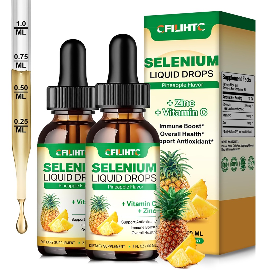 2 Pacchetti di gocce di selenio liquido, 200mcg supplemento di selenio liquido con vitamina C & zinco, supporto per il sistema immunitario, antiossidante & salute del cuore, alto assorbimento, aroma di ananas