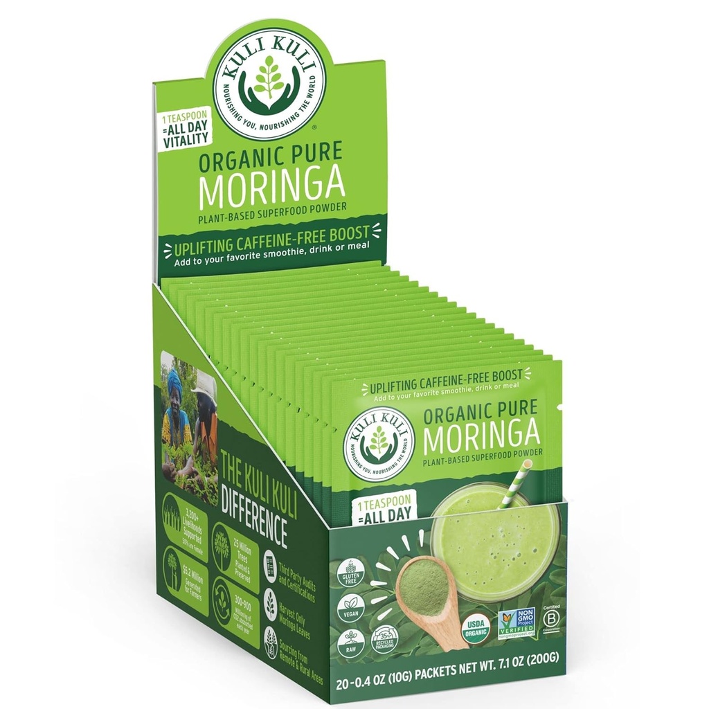 Kuli Kuli Moringa Oleifera Organic Leaf Powder & Green Smoothie, 100% Pure USDA Certified & Non-GMO Moringa Powder, Grande con Smoothies, Tea, and Food, 0.4 Ounce, Confezione da 20 (KK PM)