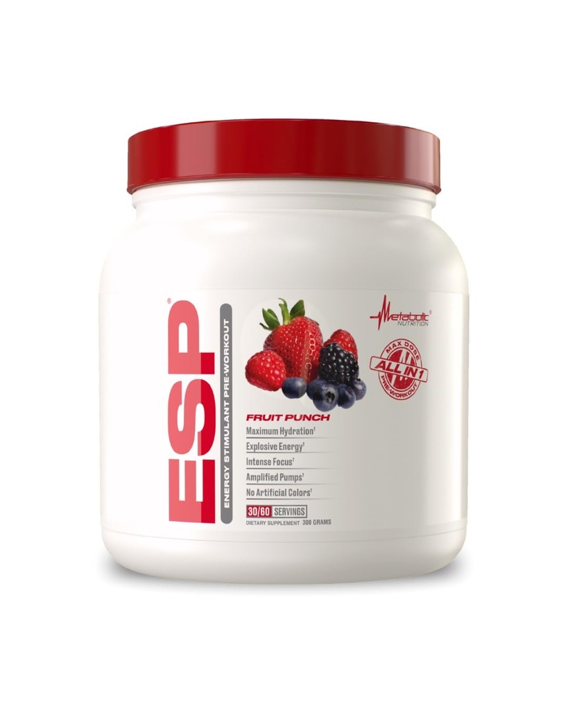 Nutrizione metabolica, ESP, Energia e Endurance Stimolante Pre Workout, Pre Intra Workout, Alta Energia e Focus Mentale, Integratore di allenamento stimolante, Punch di frutta, 300 Grammi (90 Serve)