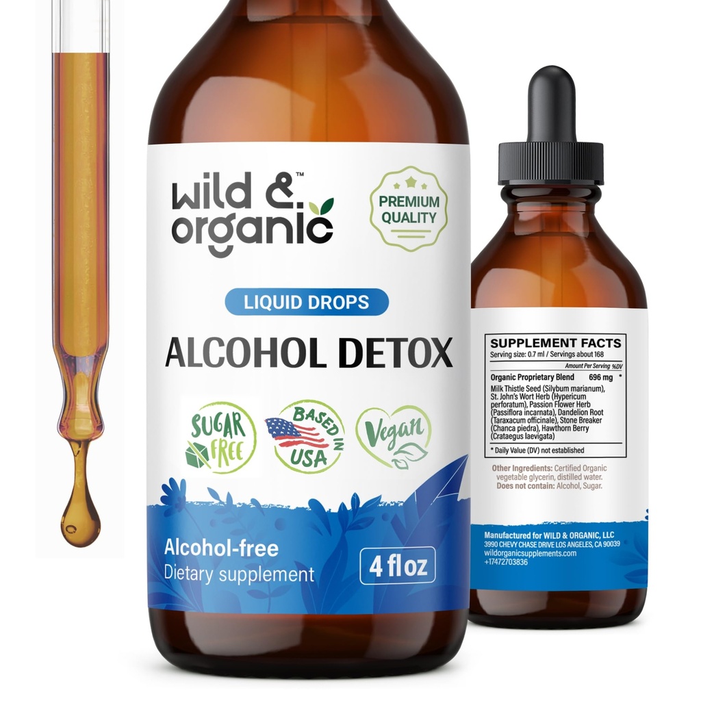 Gocce di disintossicazione di alcool selvatico e organico - fegato e pulizia del rene con il cardo del latte, Chanca Piedra Stone Breaker - Complesso di anti alcool per Detox di pulizia del fegato - Vegan, senza zuccheri e additivi - 4 fl oz