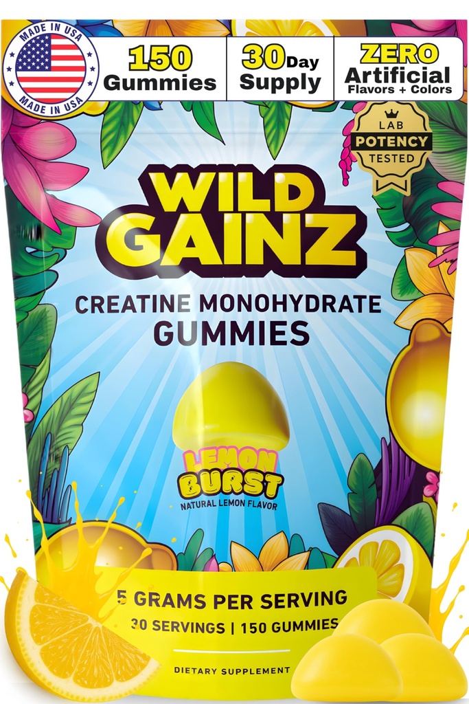 Creatina Monoidrato Gummies per uomini e donne 5000mg - Made in USA, Potency Tested, Vegan, Supporta la crescita muscolare, resistenza e funzione cognitiva, Non-GMO Gluten-Free Lemon Flavored Creatine 150 Chews