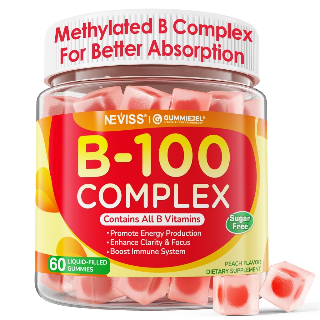Super Vitamina B Complex Gummies - Tutte le B Vitamine Comprese Methyl B12, B1, B2, B3, B5, B6, Biotin, Methylfolate con Vitamina C, Choline, Inositol, PABA per l'energia, Brain & Immune Support, Sugar Free