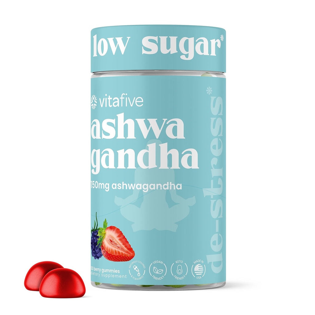vitafive Ashwagandha Gummies con vitamina B12, Ashwagandha Gummies per uomini e donne, Vegan, Gluten Free (50 Ct)