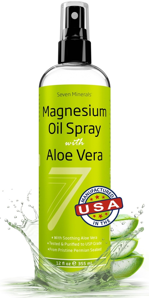 Sette minerali Pure Magnesium Spray olio con Aloe Vera 12oz - Pharmaceutical (USP) Grado, massima resistenza con sollievo istantaneo per piedi, sonno, dolori muscolari &amp; ceppi - Mined in the USA