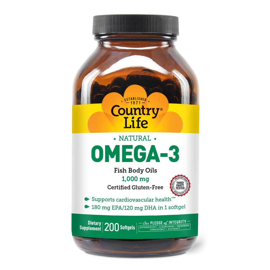 Country Life Omega-3 Fish Oil Supplement, 1000mg, 180mg EPA & 120mg DHA, Fish Oil Concentrate, Burpless, 200 Softgels, Certificato Gluten Free