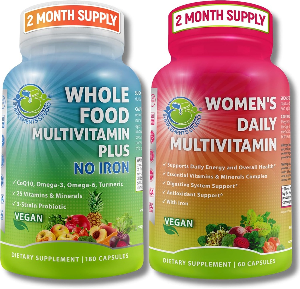 SUPPLEMENTARI STUDIO Supporto Multi-Sistema femminile completo Duo – Multivitaminico Alimentare Intero Senza Ferro + Donna Multivitaminico Giornaliero con Ferro – Vegan, Non OGM, Clean Daily Wellness Support
