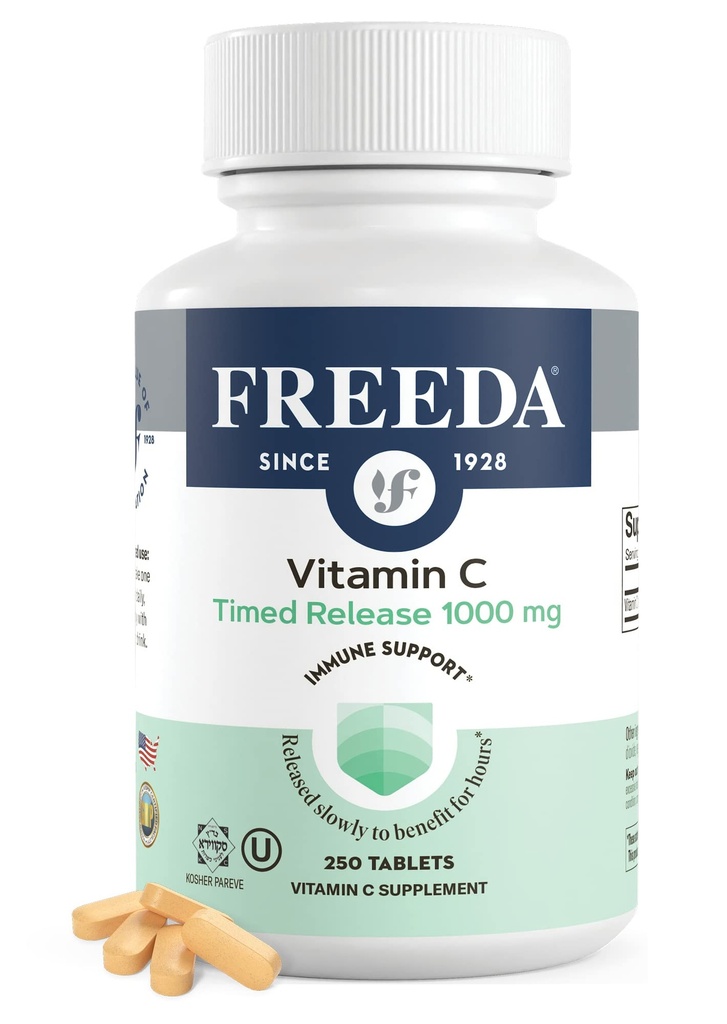 FREEDA Vitamina C - Timed Release 1000mg – Slow-Release per il supporto Immune & Antiossidante di tutti i giorni, Gentle on Stomach, Kosher & Vegan, Compresse ad alto assorbimento (250 compresse)
