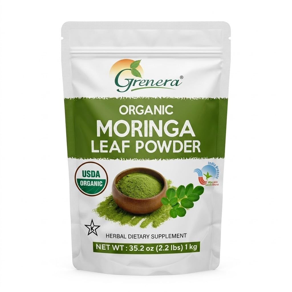 Grenera Organic Moringa Powder - 2.2 lbs (35.2 oz) | Moringa Oleifera Leaf Powder Lab Testato per la purezza | Moringa Powder Organic Perfetto per Smoothies, Drinks, Tea & Recipes | 100% Raw from India