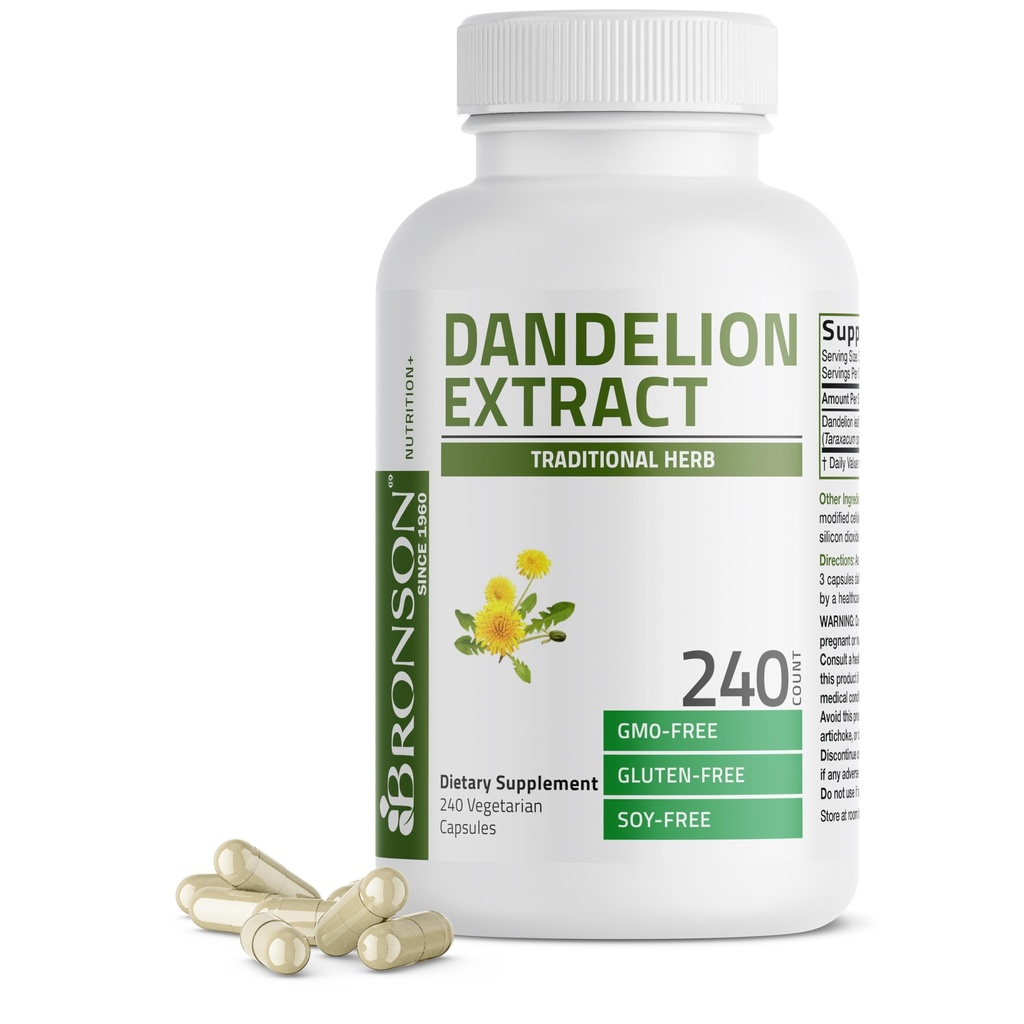 Bronson Dandelion Root High Potency Supplement, Supporti in generale buona salute &amp; benessere, erbe diuretiche tradizionali - Non-GMO, 240 capsule vegetariane