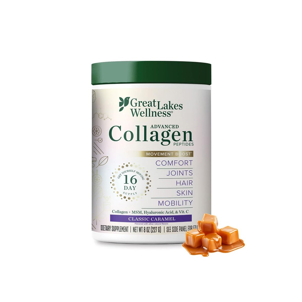Great Lakes Wellness Movement Boost Advanced Collagen Peptides Polvere con MSM, Acido ialuronico, Vitamina C - Joint Mobility & Comfort - Caramel Aromaed - Non-OGM, Keto, Kosher - 8 oz