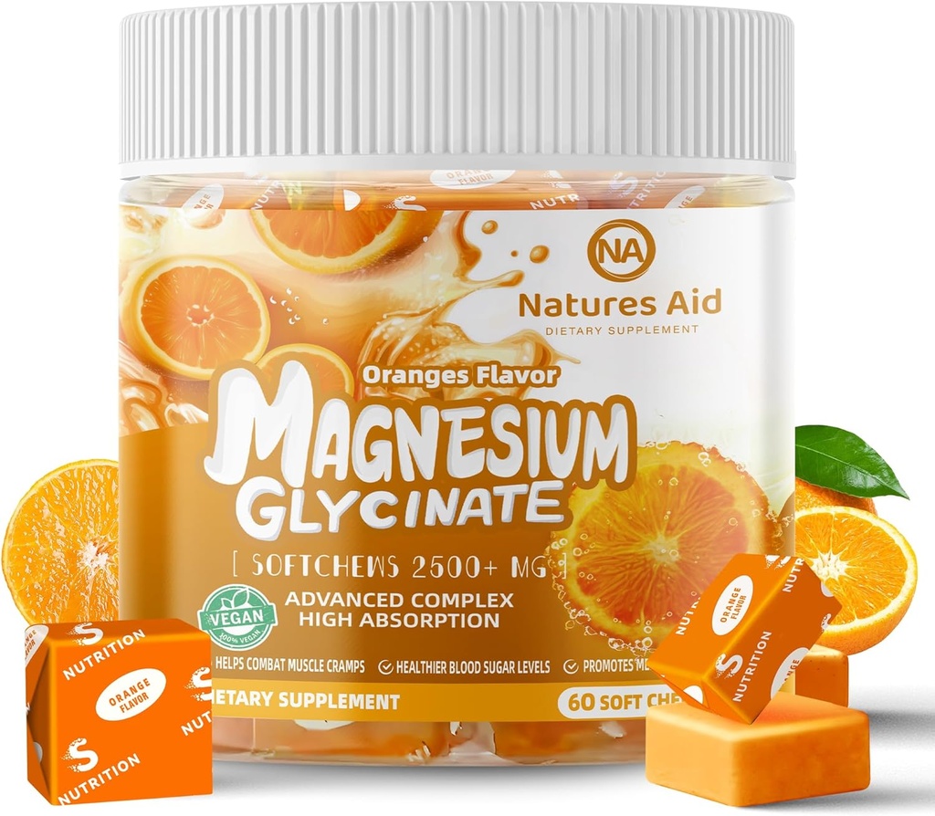 Magnesio Glycinate Soft Chews Supplemento,Chewable Sugar Free Potassium Magnesium Chews with Magnesium Glycinate, Vitamina D, B6, e CoQ10 per il supporto e il sonno calmi per gli adulti, 60 giorni di alimentazione-arancia