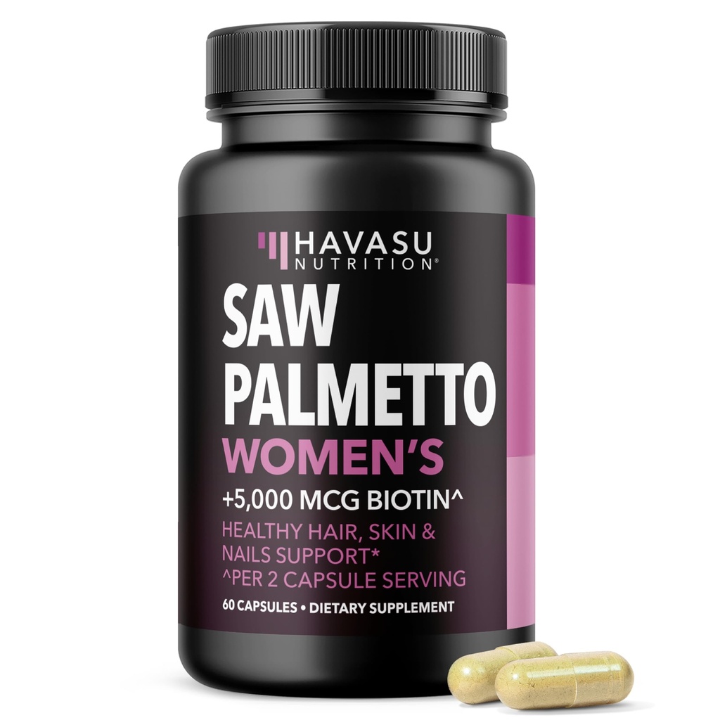 Sega Palmetto per le donne con Biotin 5000mcg - Potente Blocker DHT per sostenere capelli, pelle e salute delle unghie - 60 Contatori - Vegan, Vitamina non OGM per serrature più forti, Fuller Looking - 1 Mese di alimentazione