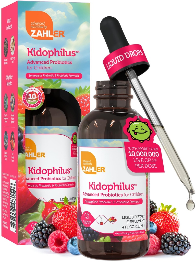 Zahler - Kidophilus Liquid Drops Probiotics for Kids (4 Fl Oz) Certified Kosher Kids Probiotico per la digestione sana e supporto immunitario - Fruit Punch Flavored Children's Probiotic Drops Supplement