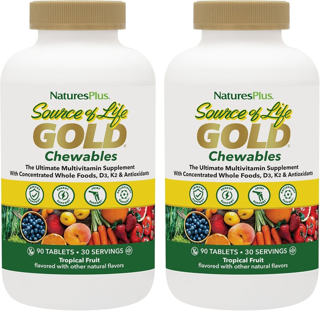 NaturesPlus Sorgente di vita Multivitamina d'oro - 90 compresse masticabili, Confezione da 2 - con vitamine D3, B12, K2 & Più di 120 alimenti interi - Sangue, Bone & Supporto immunitario - Gluten Free - 60 Serve totali