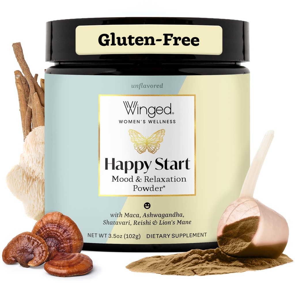 Winged Wellness Happy Start, Mood Boosting Bevo Polvere per le donne - Happy Mind & salute ormonale, Mood Support Supplemento con Maca rossa, Ashwagandha, Mushrooms & More - Cioccolato, 30 Serve