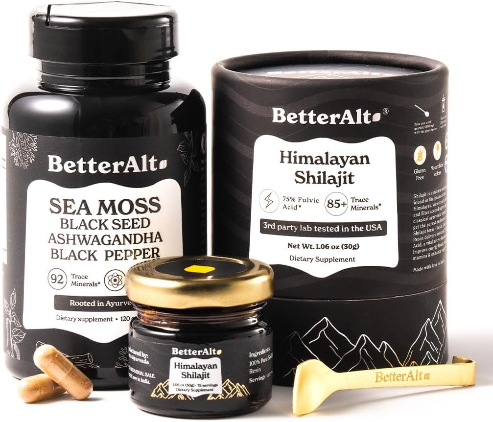 Migliore Alt Shilajit Resin 30 gm & Sea Moss Capsule Energy Duo| Pure Himalajit Gold Grade per gli uomini e le donne con alta potenza & Irish Sea Moss con olio nero di semi