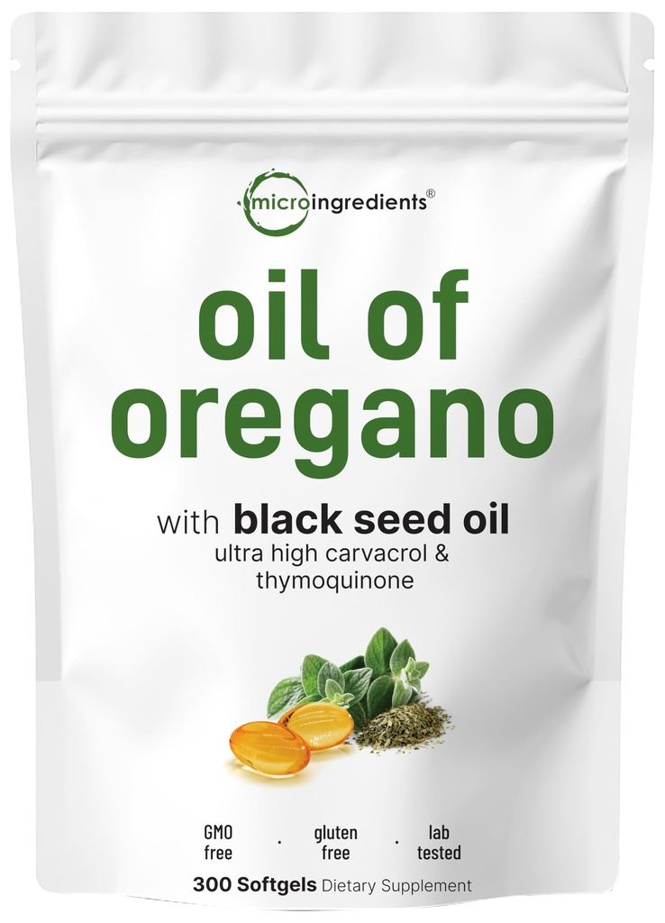 Micro Ingredienti Olio di Oregano Softgels, 300 Conte | 2 in 1 Formulato con Olio di semi neri, Carvacrol 4X Forza & Thymoquinone | Basato su piante, Non OGM, & Supporto immunitario