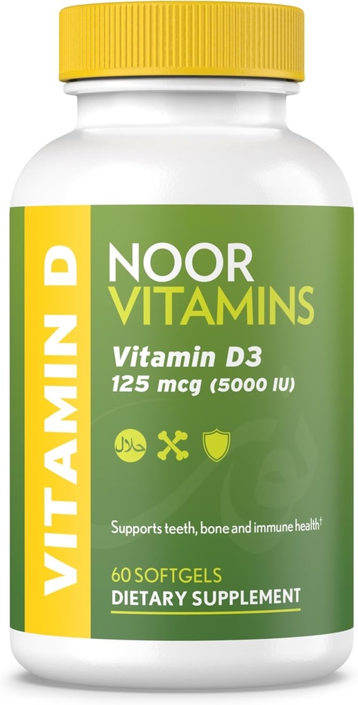 Noor Vitamins Halal Vitamin D, Halal Vitamin D3, 5000 IU Softgels, Supporta Bone, Immune & Heart Health, da Safflower Oil a massimizzare l'assorbimento, Non-OGM, Gluten Free & Halal (60 Conte)...