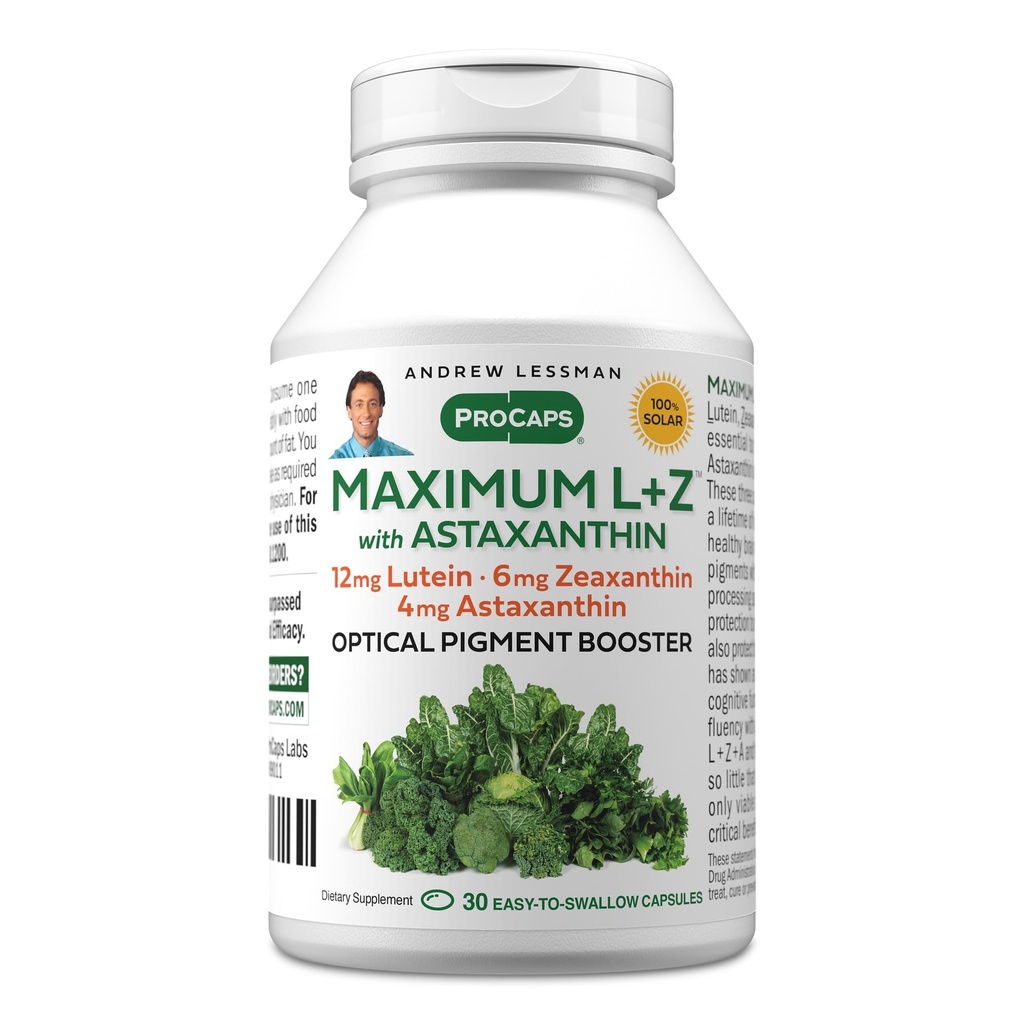 ANDREW LESSMAN Massimo L+Z con Astaxanthin 30 Softgels - 12mg Lutein, 6mg Zeaxanthin, 4mg Astaxantina. Nutrienti chiave per sostenere la salute degli occhi e del cervello, e promuovere la visione sana.