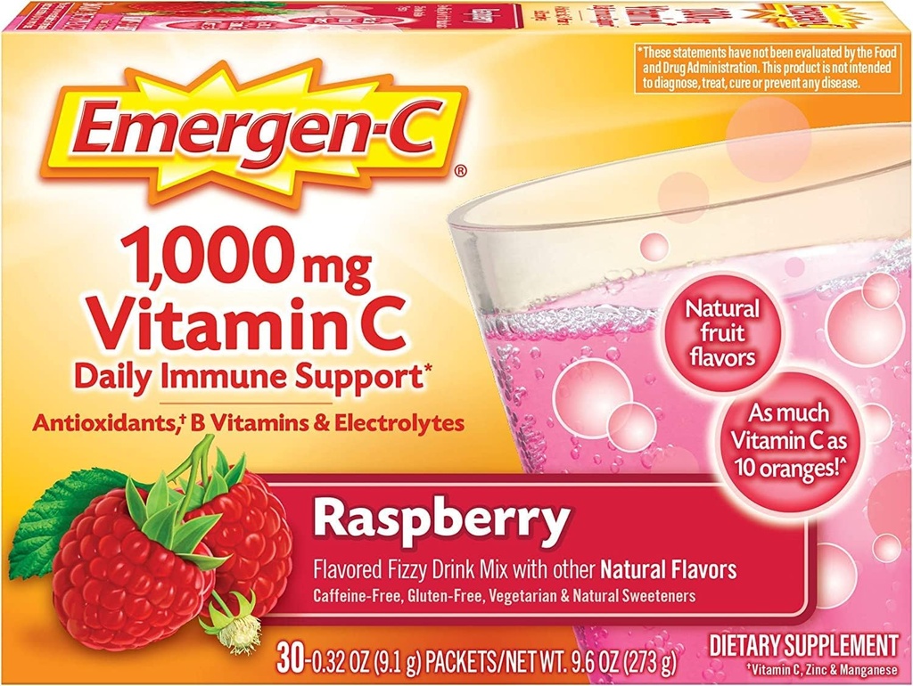 Alacer Emergen-C Vitamina C Fizzy Drink Mix Raspberry - 1000 Mg - 30 Pacchetti