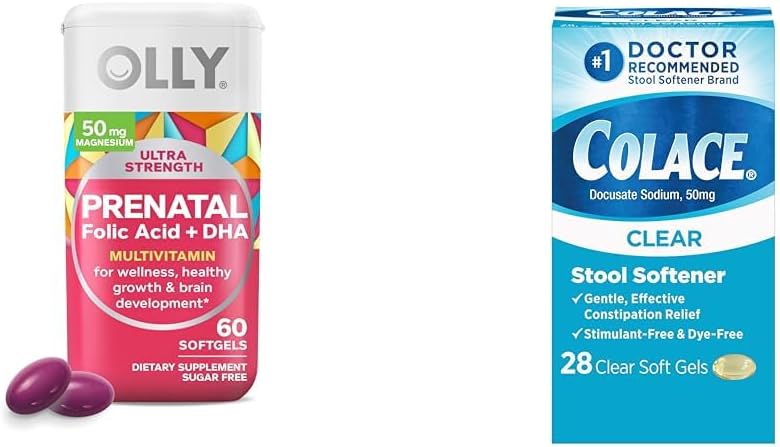 OLLY Ultra Strength Prenatal Multivitamin Softgels con supporto di sviluppo del cervello + Colace Clear Sgabello Softener Capsule, 28 Conte
