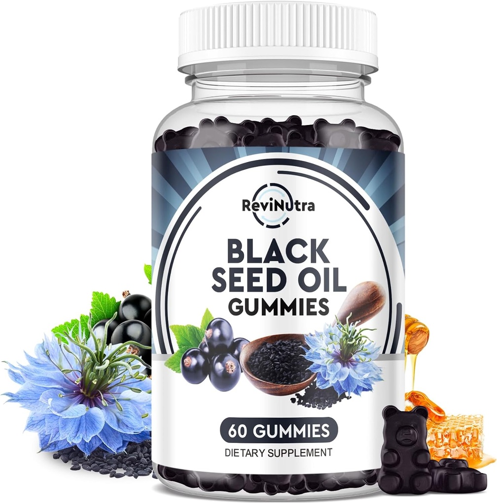 Olio di semi nero Gummies-Organico Freddo Pressato Nigella Sativa Olio di semi nero con miele, vitamina B6, C, D3, curcuma, melograno, immunità di supporto, digestione, funzione cerebrale, capelli & pelle-60 Gummies