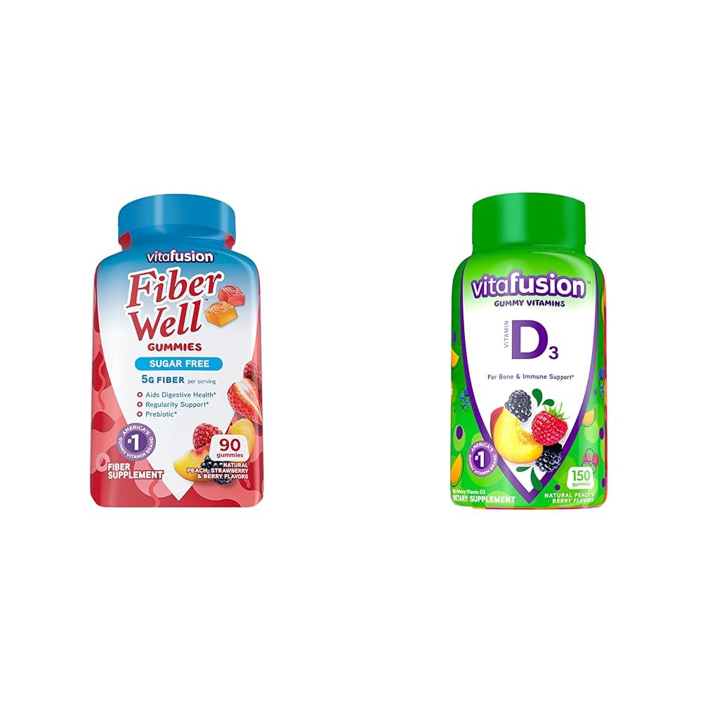 Vitafusion Fiber Well Sugar Free Fiber Supplement & Vitamina D3 Gummy Vitamine per Bone e Immune System Support, Peach, Blackberry e Fragola Aromaed, 50 mcg Vitamina D, 75 giorni di alimentazione, 150 Conte