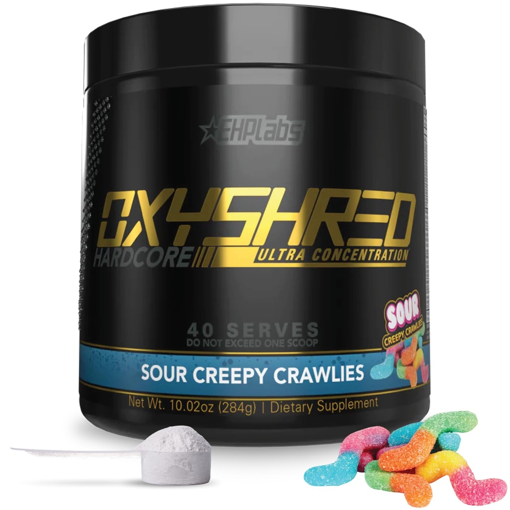 EHP Labs OxyShred Hardcore Super Dosed Pre Workout Powder - Preworkout Powder with L Glutamine & Acetyl L Carnitine, Energy Boost Drink - 275mg of Caffeine - Sour Crawlies, 40 Servings