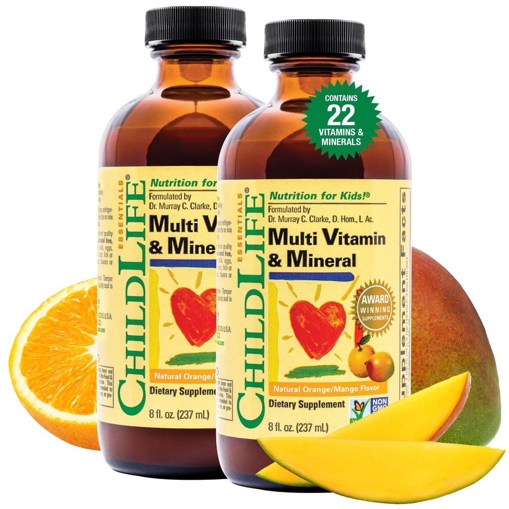 CHILDLIFE Essentials Kids Multivitamin & Mineral - Vitamine per bambini, Multivitaminico liquido per bambini e bambini - Arancione naturale & Mango, 8 Fl Oz (Pack of 2)