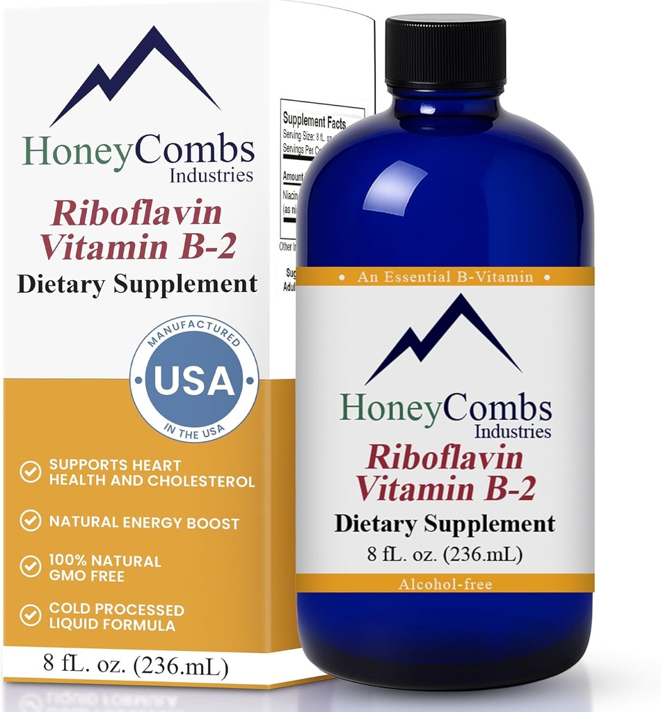 HoneyCombs Vitamina B2 Riboflavin Supplemento Gocce Liquide - Alta Potenza Vitamina B2 per Uomini e Donne - Mantenere Digestione sana, Sistema Nervoso, Capelli, Pelle, Unghie - Vitamine liquide Vegane (8 Fl oz)