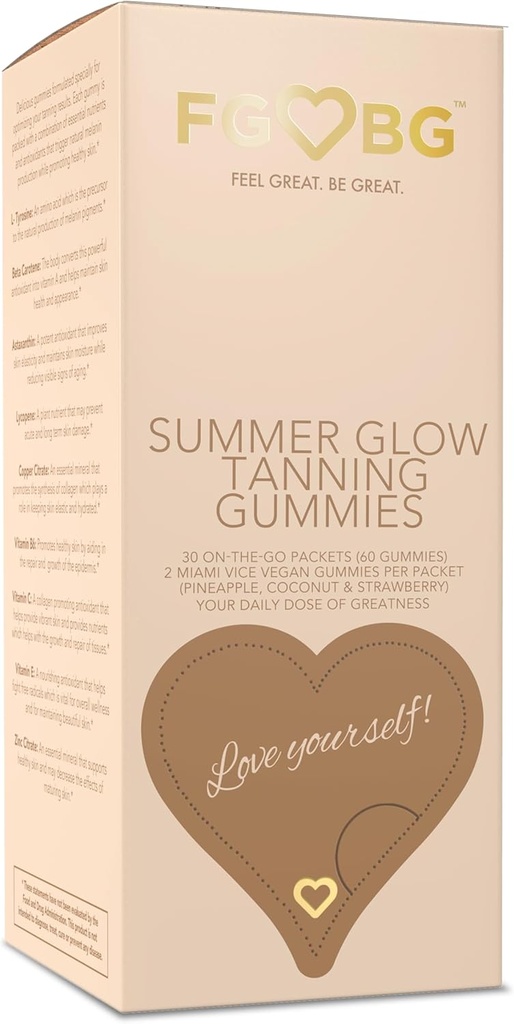 Gummies Summer Glow Tanning - Miami Vice Flavor - Ananas, Coconut, & Strawberry - Vegan - Gluten-Free - Dairy-Free - Ingredienti naturali - Nutrienti essenziali - Dimensioni viaggio - 30 -Fornitura giornaliera