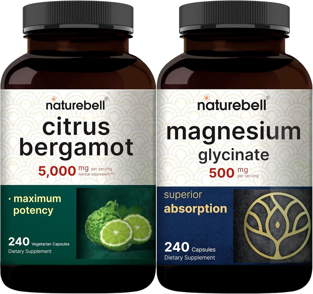 NatureBell Magnesium Glycinate Capsule 500mg & Citrus Bergamot Veggie Capsule 5.000 mg Equivalente Bundle Pack | Minerale Chelato & Purificato | Alto livello Antiossidante