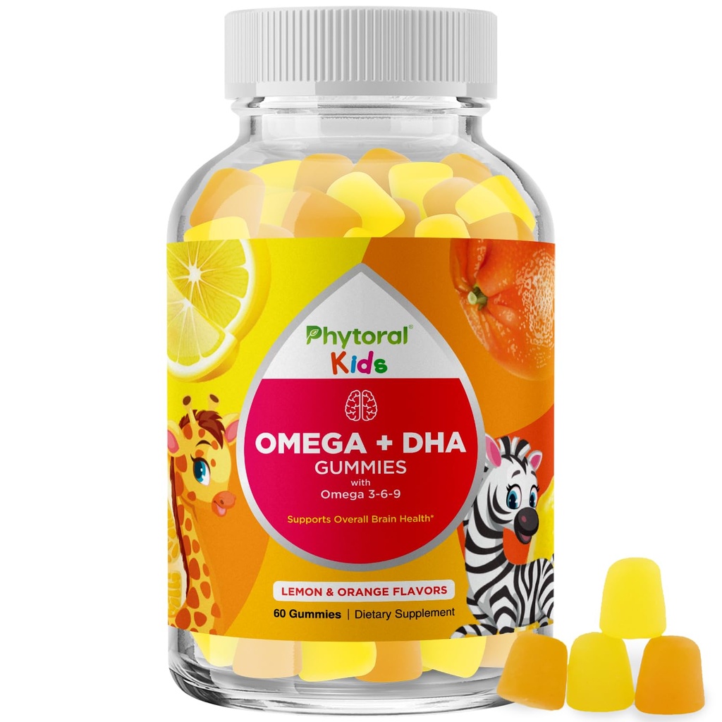 Bambini Omega e DHA Gummies - acidi grassi Omega 3 6 9 con vitamina C per la visione - DHA nutrizionale per i bambini per il sistema nervoso sano e supporto di messa a fuoco - Fish Free - 60 Conte