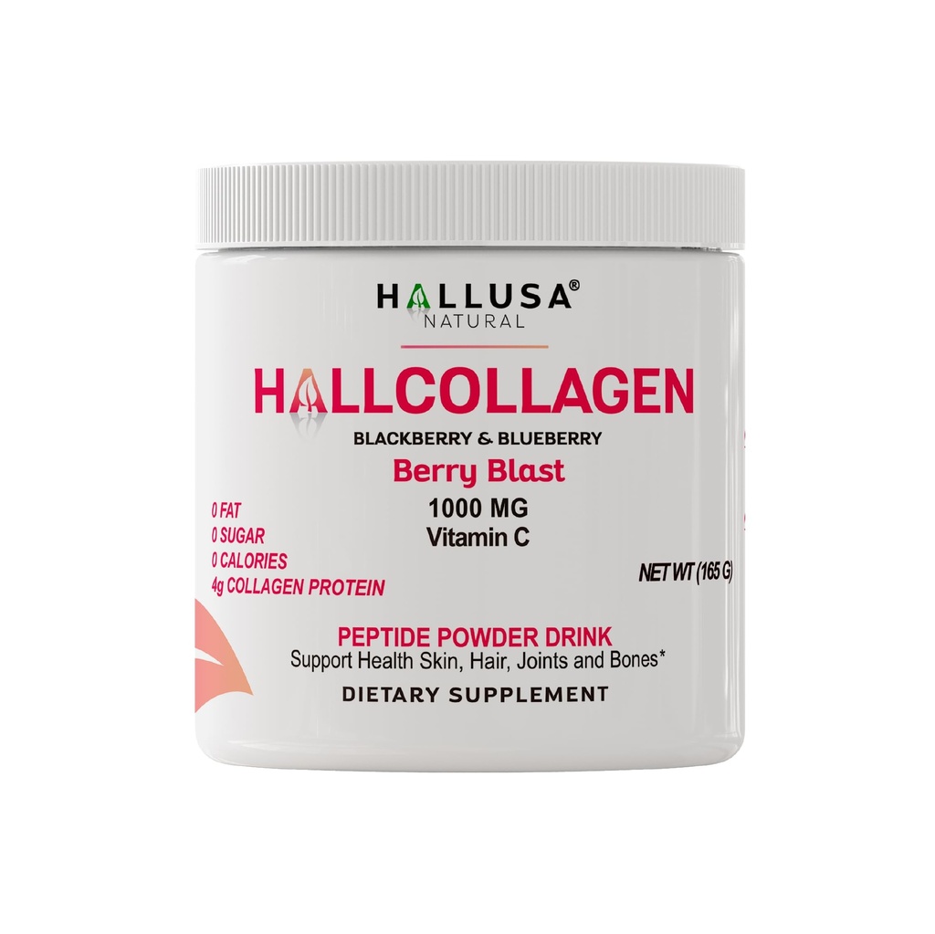 Peptidi di collagene idrolizzati naturali di Hallusa 1000mg con vitamina C | BlackBerry & Blueberry Flavor | 4g Collagen per porzione | Capelli sani, Pelle, Unghie, Bone & Joint Support
