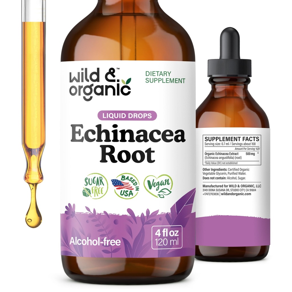 Gocce di echinacea organica e selvatica - Integratore di supporto immunitario con Echinacea Angustifolia - Tintura di estratto di radice liquida - Vegan, Zucchero & Alcol-Free - 4 fl oz