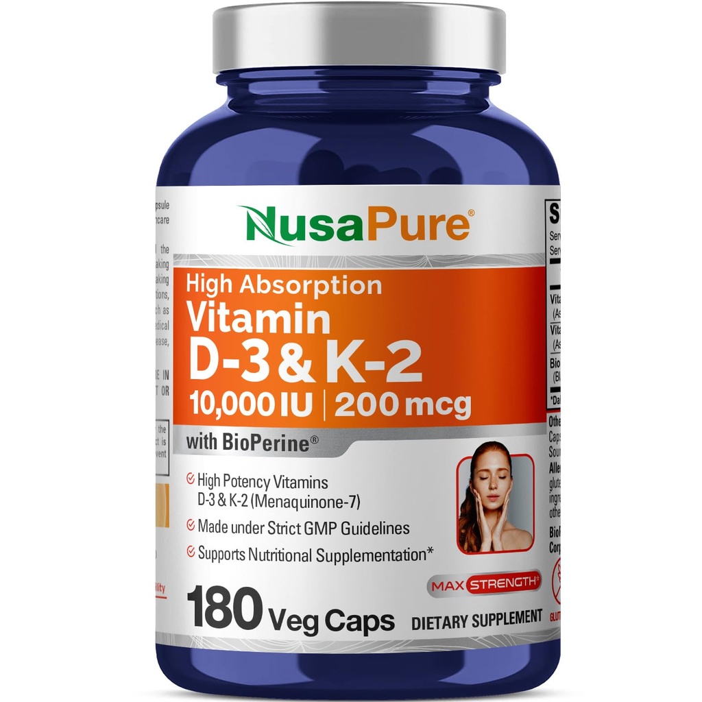 NusaPure Vitamina K2 (MK7) (200mcg) + Vitamina D3 (10000 UI) 180 Caps di Veg - Bioperine, Soyfree, Non OGM
