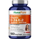 NusaPure Vitamina K2 (MK7) (200mcg) + Vitamina D3 (10000 UI) 180 Caps di Veg - Bioperine, Soyfree, Non OGM