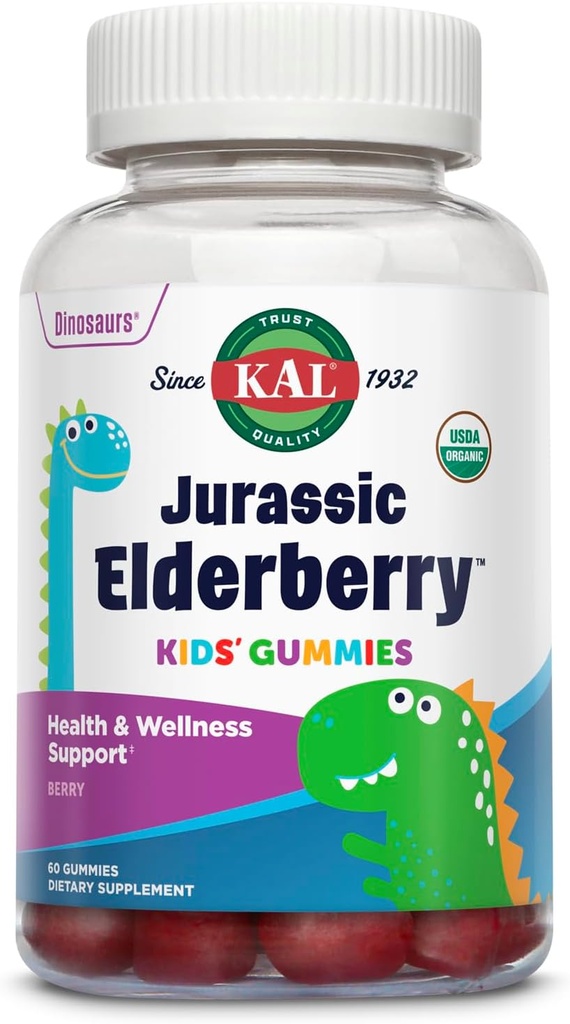 KAL Jurassic Elderberry Kids Gummies | Assistenza Immune sana | USDA Organic, Vegan, Gluten Free | 30 Serv, 60 Ct