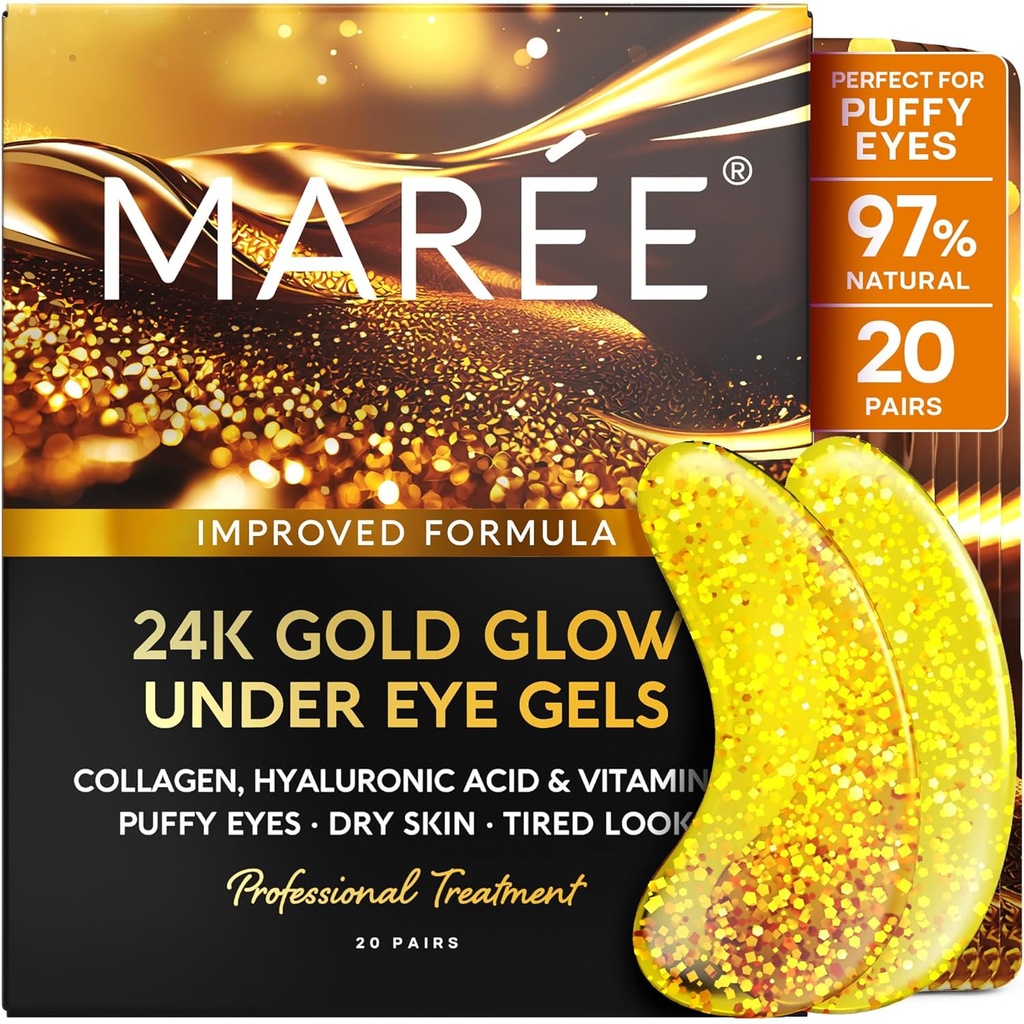 MAREE 24k Gold Under Eye Gels for Dark Circles and Puffiness - Collagen & Hyaluronic Acid Skincare Gel Pads - Oro Eye Patches for Puffy Eyes and Dark Circles - Under Eye Masks - Viaggi Essentials