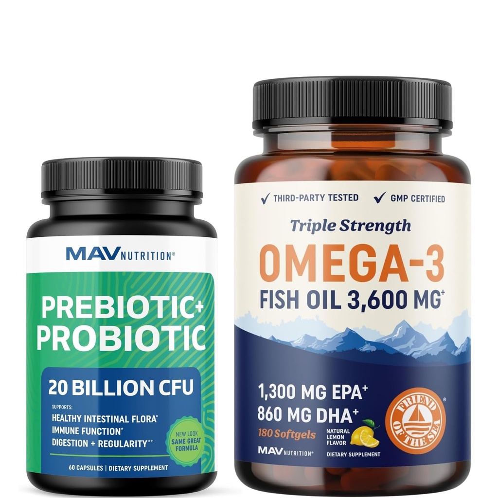Omega 3 Fish Oil e capsule probiotici | Triple Strength EPA & DHA Omega 3 Burpless Softgels Plus Probiotici & Prebiotici Capsule per Gut Health & Immune Support | 60 Serve Ogni