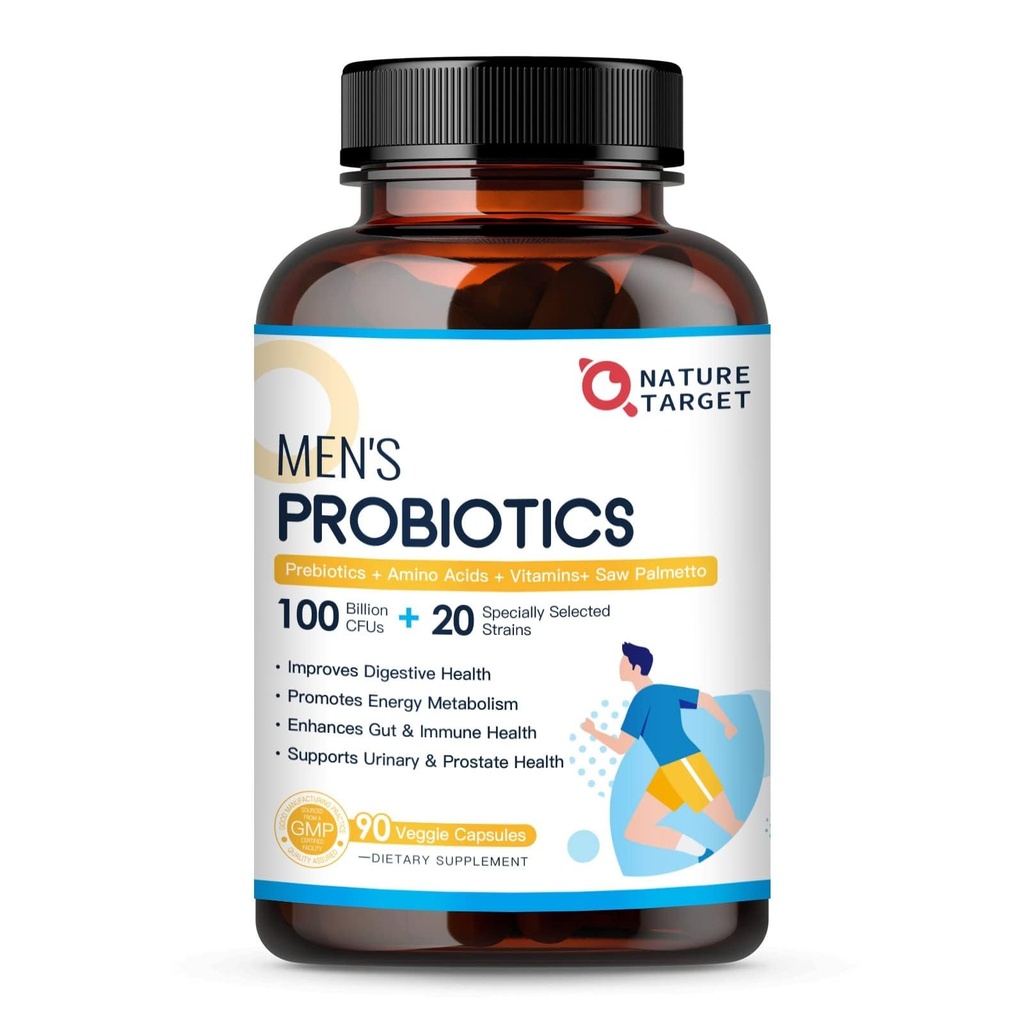NATURE TARGET Probiotici per la salute digestiva degli uomini con Enzymes& Prebiotics, 100 miliardi di CFU, Probiotici degli uomini con Saw Palmetto & Cranberry per la salute del tratto urinario e della prostata, 90 VeggieCapsules