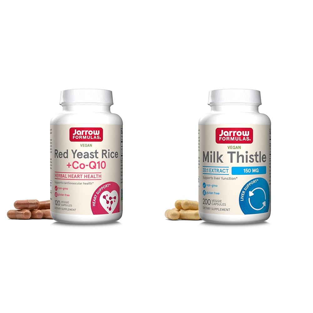 Jarrow Formulas Red Yeast Rice 1200 mg & Co-Q10 100 mg Per Serving-120 Veggie Caps-60 Servings & Heart Health-Vegan & Milk Thistle 150 mg con 30:1 Standardized Silymarin Extract