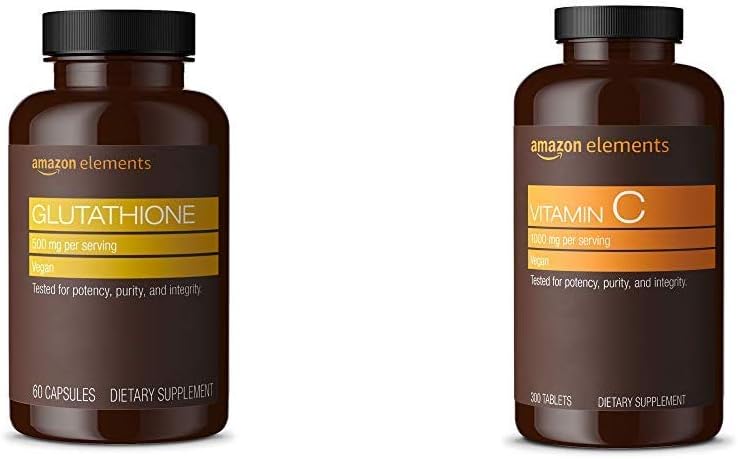 Elementi Glutathione, 500 mg, 60 capsule, 2 mesi di alimentazione & vitamina C 1000mg, Vegan, 300 compresse, 10 mesi di fornitura