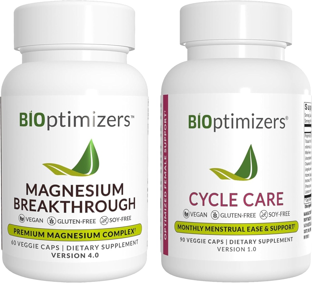 BiOptimizers Magnesium Breakthrough 4.0, (60 capsule) & Cycle Care, (90 capsule) - Sonno naturale, Cervello e supporto mestruale
